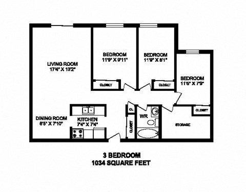 Three bedroom, one bathroom apartment layout at High Street Apartments in Fort Erie, ON