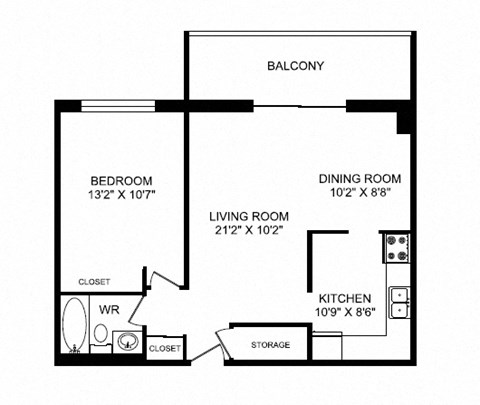 One bedroom, one bathroom apartment layout at Silvercreek Towers in Georgetown, ON