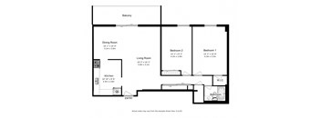 Two bedroom, one bathroom apartment layout at Silvercreek Towers in Georgetown, ON