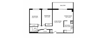 Two bedroom, one bathroom apartment layout at Silvercreek Towers in Georgetown, ON