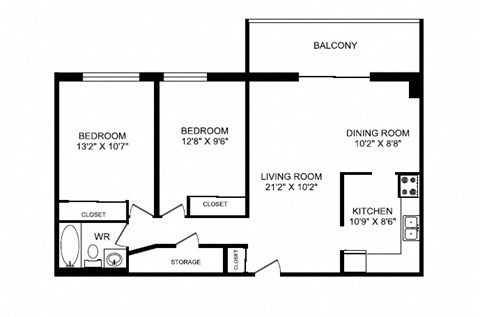 Two bedroom, one bathroom apartment layout at Silvercreek Towers in Georgetown, ON