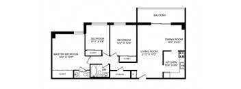 Three bedroom, one bathroom apartment layout at Silvercreek Towers in Georgetown, ON