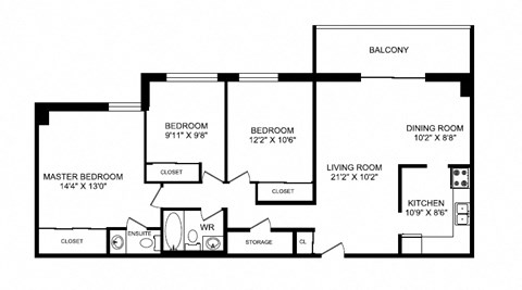 Three bedroom, one bathroom apartment layout at Silvercreek Towers in Georgetown, ON