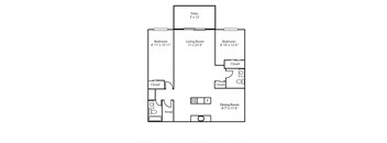 Two bedroom, one bathroom apartment layout at Southwood Apartments in Guelph, ON