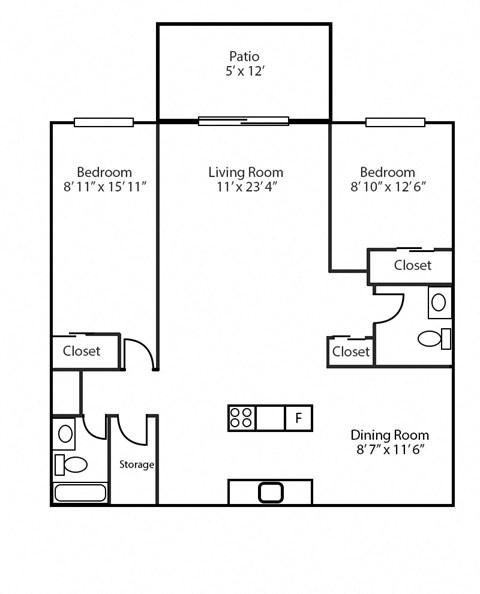 Two bedroom, one bathroom apartment layout at Southwood Apartments in Guelph, ON