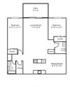 Two bedroom, one bathroom apartment layout at Southwood Apartments in Guelph, ON