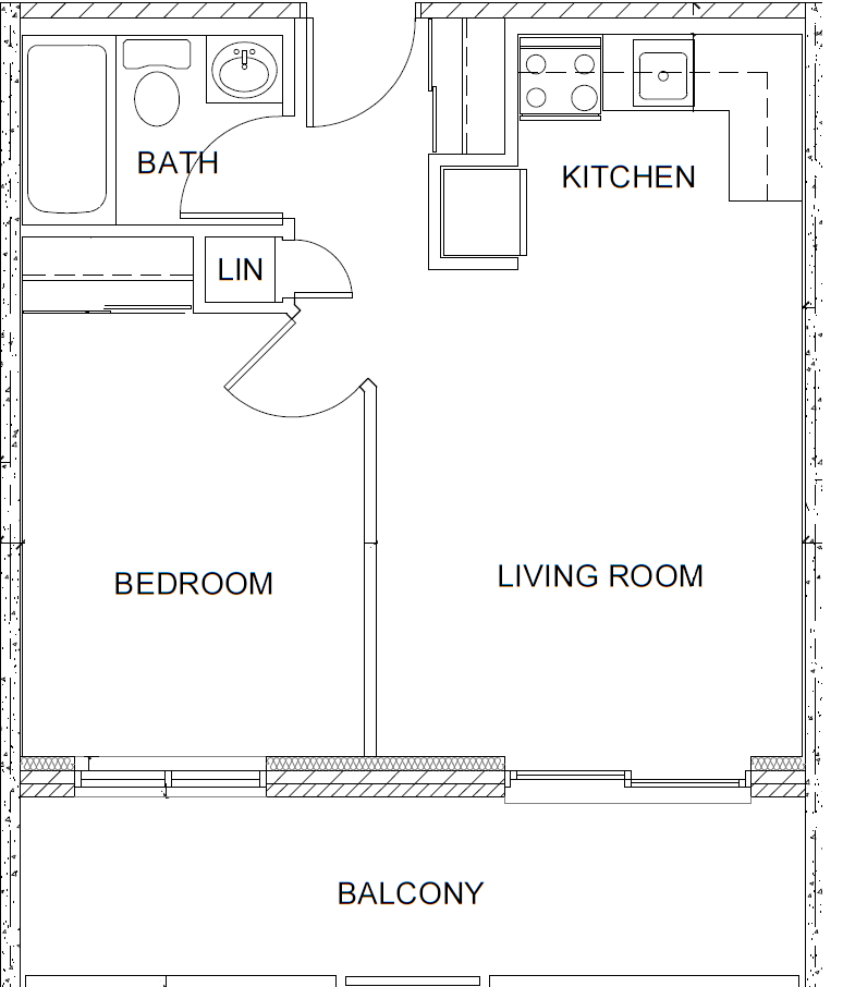 One bedroom, one bathroom apartment layout at Market Street Apartments in Hamilton, ON