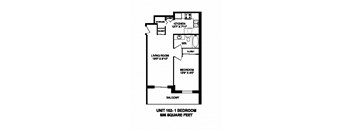 One bedroom, one bathroom apartment layout at Market Street Apartments in Hamilton, ON