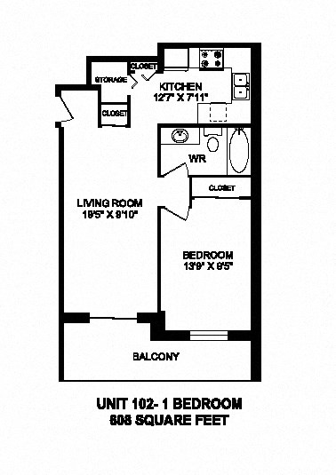 One bedroom, one bathroom apartment layout at Market Street Apartments in Hamilton, ON