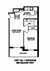 One bedroom, one bathroom apartment layout at Market Street Apartments in Hamilton, ON