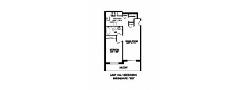 One bedroom, one bathroom apartment layout at Market Street Apartments in Hamilton, ON