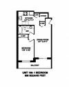 One bedroom, one bathroom apartment layout at Market Street Apartments in Hamilton, ON