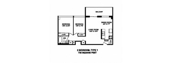 Two bedroom, one bathroom apartment layout at Market Street Apartments in Hamilton, ON