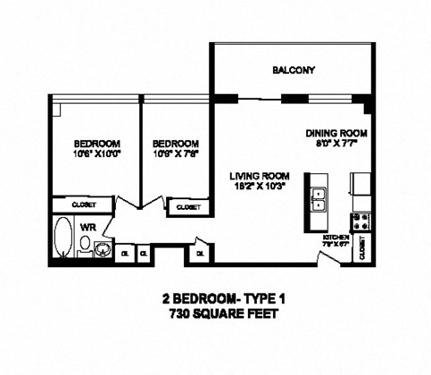 Two bedroom, one bathroom apartment layout at Market Street Apartments in Hamilton, ON