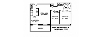 Two bedroom, one bathroom apartment layout at Market Street Apartments in Hamilton, ON