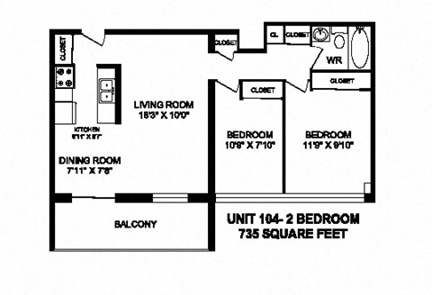 Two bedroom, one bathroom apartment layout at Market Street Apartments in Hamilton, ON