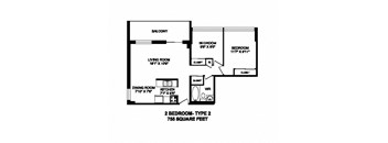 Two bedroom, one bathroom apartment layout at Market Street Apartments in Hamilton, ON