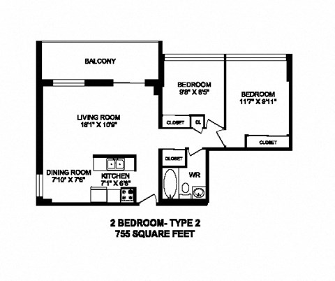 Two bedroom, one bathroom apartment layout at Market Street Apartments in Hamilton, ON