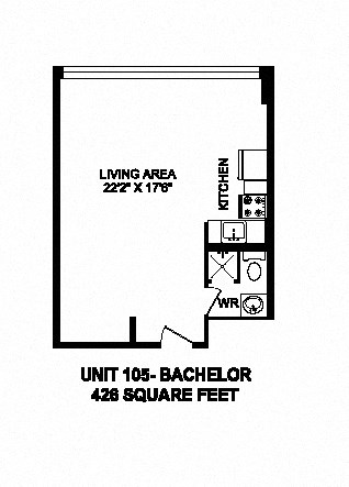 Bachelor, one bathroom apartment layout at Market Street Apartments in Hamilton, ON