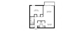 One bedroom, one bathroom apartment layout at Pembridge Square In Kingston, ON