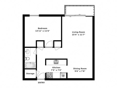 One bedroom, one bathroom apartment layout at Pembridge Square In Kingston, ON
