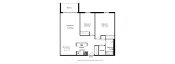 Two bedroom, one bathroom apartment layout at Pembridge Square in Kingston, ON