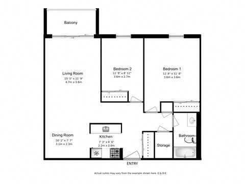 Two bedroom, one bathroom apartment layout at Pembridge Square in Kingston, ON