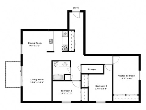Three bedroom, one bathroom apartment layout at Pembridge Square in Kingston, ON
