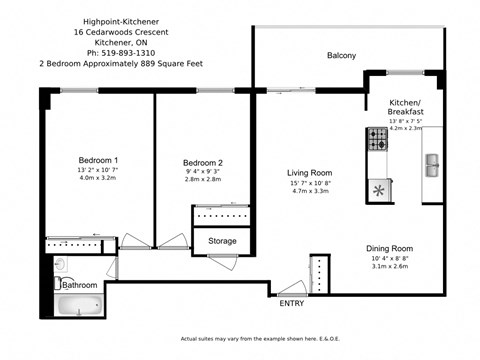 Two bedroom, one bathroom apartment layout at Highpoint Kitchener in Kitchener, ON