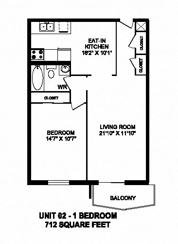 One bedroom, one bathroom apartment layout at Capitol Hill Apartments in Kitchener, ON