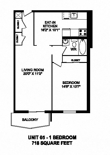 One bedroom, one bathroom apartment layout at Capitol Hill Apartments in Kitchener, ON