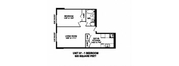 One bedroom, one bathroom apartment layout at Capitol Hill Apartments in Kitchener, ON