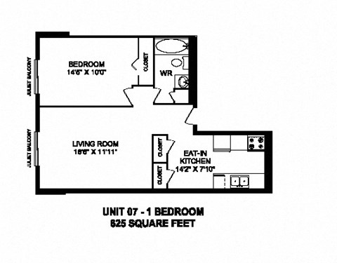 One bedroom, one bathroom apartment layout at Capitol Hill Apartments in Kitchener, ON