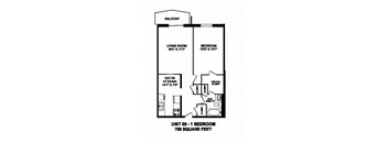 One bedroom, one bathroom apartment layout at Capitol Hill Apartments in Kitchener, ON