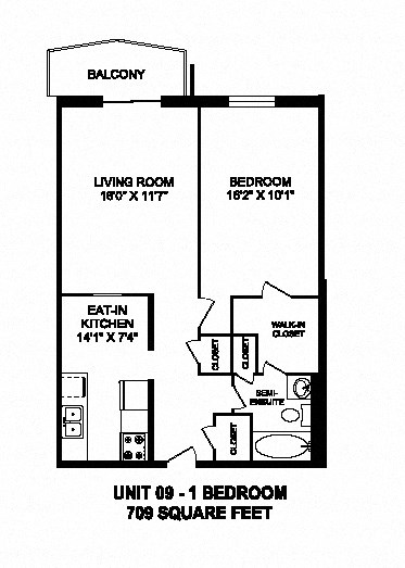 One bedroom, one bathroom apartment layout at Capitol Hill Apartments in Kitchener, ON