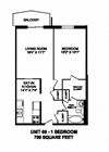 One bedroom, one bathroom apartment layout at Capitol Hill Apartments in Kitchener, ON