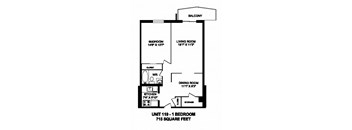 One bedroom, one bathroom apartment layout at Capitol Hill Apartments in Kitchener, ON
