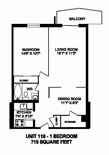 One bedroom, one bathroom apartment layout at Capitol Hill Apartments in Kitchener, ON