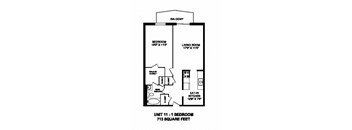 One bedroom, one bathroom apartment layout at Capitol Hill Apartments in Kitchener, ON