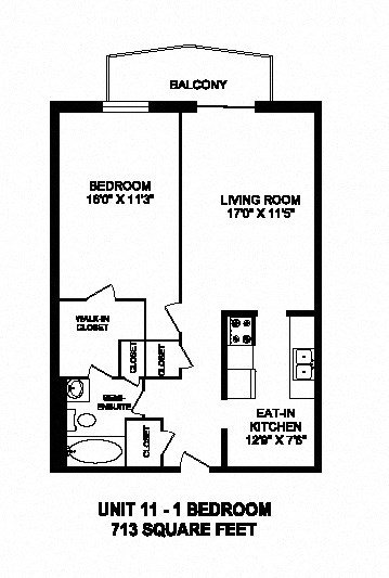 One bedroom, one bathroom apartment layout at Capitol Hill Apartments in Kitchener, ON