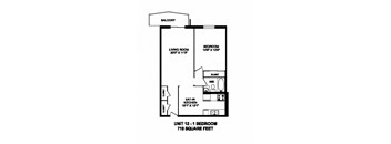 One bedroom, one bathroom apartment layout at Capitol Hill Apartments in Kitchener, ON