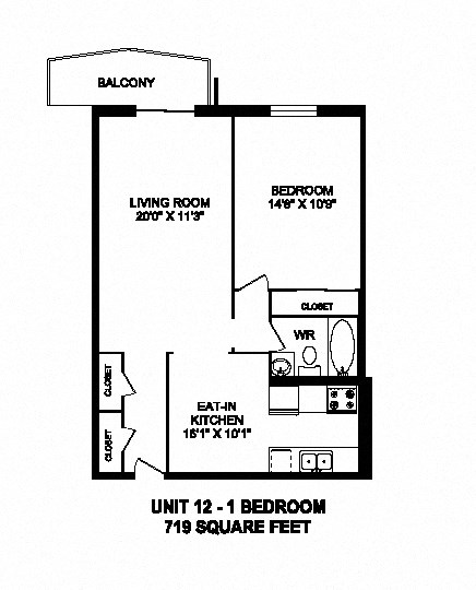 One bedroom, one bathroom apartment layout at Capitol Hill Apartments in Kitchener, ON