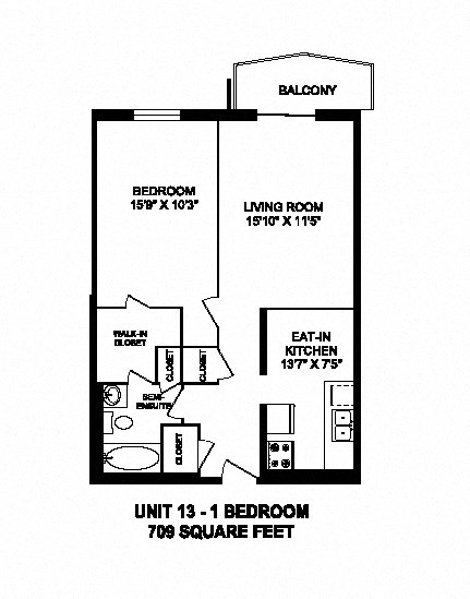 One bedroom, one bathroom apartment layout at Capitol Hill Apartments in Kitchener, ON