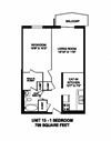One bedroom, one bathroom apartment layout at Capitol Hill Apartments in Kitchener, ON
