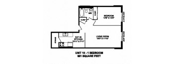 One bedroom, one bathroom apartment layout at Capitol Hill Apartments in Kitchener, ON