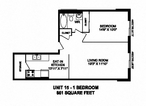 One bedroom, one bathroom apartment layout at Capitol Hill Apartments in Kitchener, ON