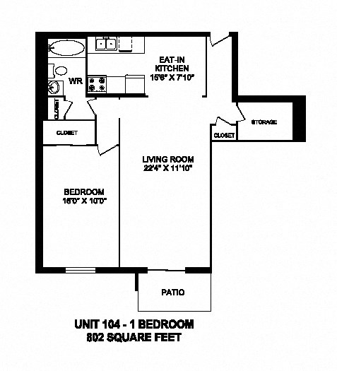 One bedroom, one bathroom apartment layout at Capitol Hill Apartments in Kitchener, ON
