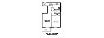 One bedroom, one bathroom apartment layout at Capitol Hill Apartments in Kitchener, ON