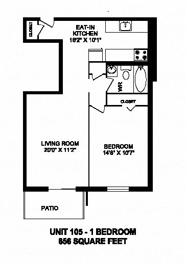 One bedroom, one bathroom apartment layout at Capitol Hill Apartments in Kitchener, ON