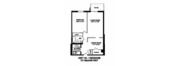 One bedroom, one bathroom apartment layout at Capitol Hill Apartments in Kitchener, ON
